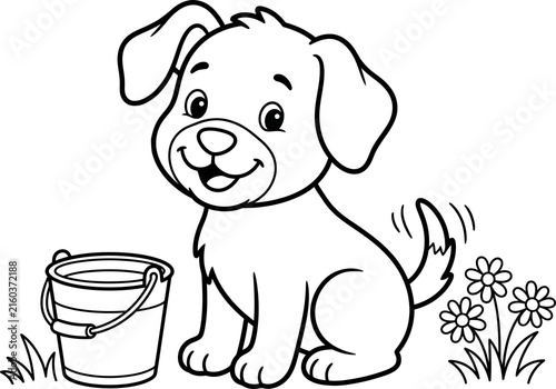 Adorable puppy with a bucket and flowers black and white line art isolated on transparent background