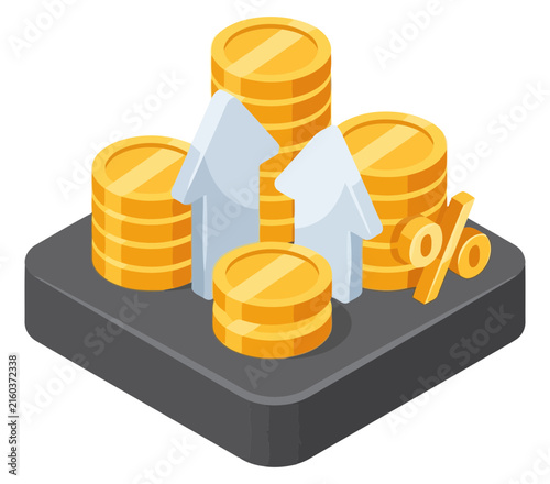 Gold coins stacks with rising arrows and percentage sign