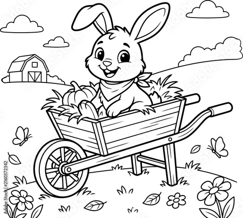 Cute bunny happily pulling a wagon full of carrots in a rural scene isolated on transparent background