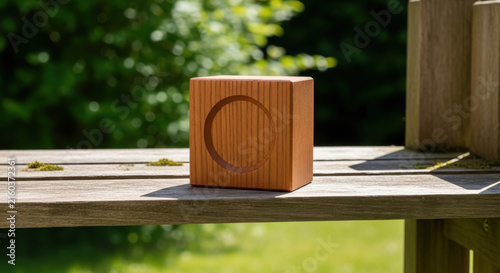 A smooth, light-colored wooden block featuring a carved circular indentation in the center, resting on a weathered plank surface amidst a soft-focus, lush green garden setting on a sunny day.