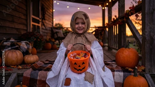 Happy Young Child in Scarecrow Costume Holding Jack-o'-Lantern on Porch at Sunset