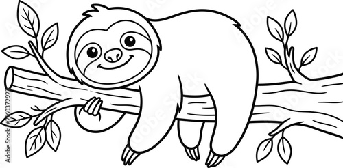 Obraz na plátně Cute sloth hanging on a branch line art illustration isolated on transparent bac
