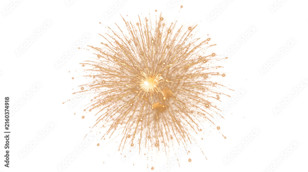 Obraz premium Golden fireworks burst with fine sparkling particles and glowing light rays exploding outward, elegant gold glitter effect isolated on white background ideal for festive celebration graphics