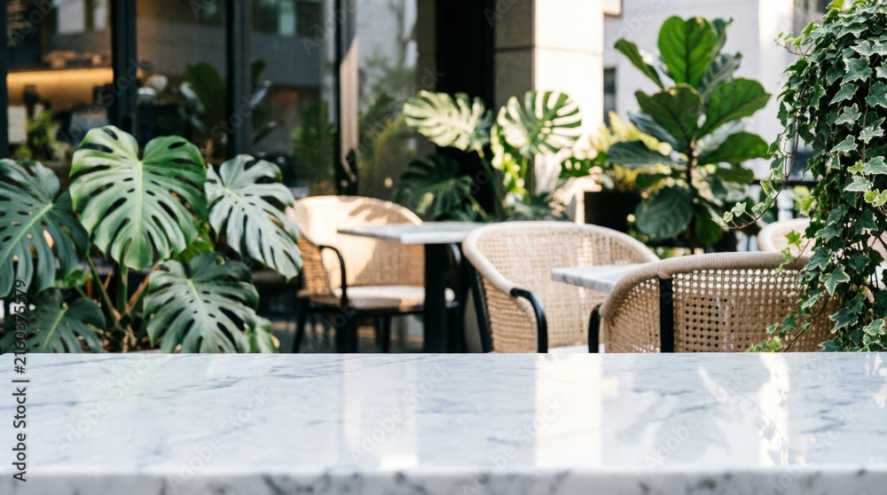 Fototapeta premium Outdoor Cafe with Green Plants and Marble Table for Web Design