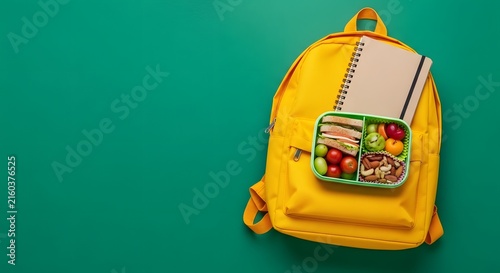 Yellow backpack with open lunchbox and notebook on a green surface
