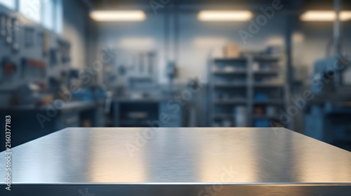 Closeup of a brushed metal workbench surface in a blurred industrial workshop background