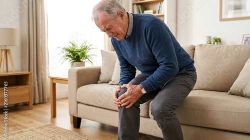 Senior man experiencing severe knee pain while sitting on a sofa, suffering from joint injury or arthritis