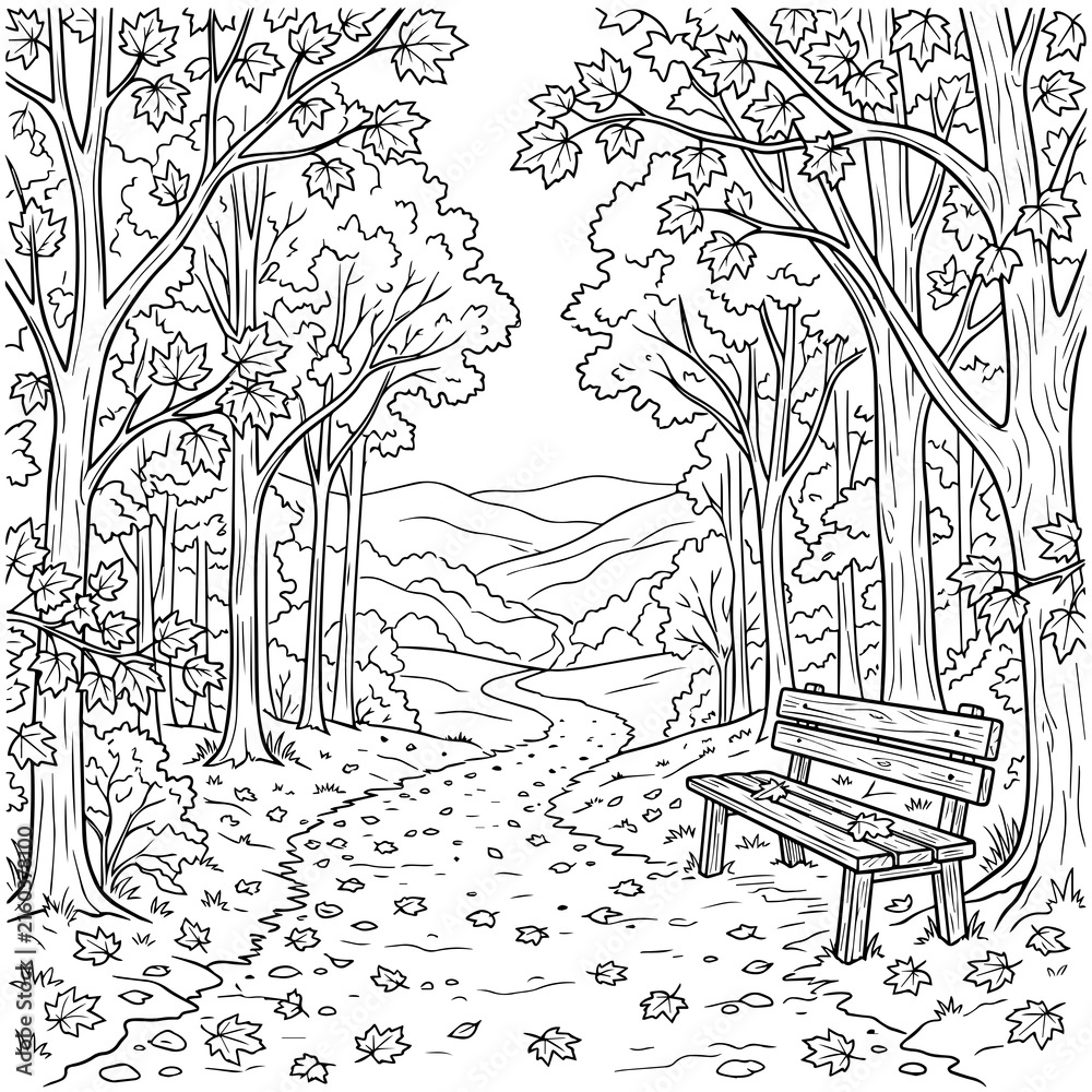 Naklejka premium A peaceful forest path winding through autumn trees with a wooden bench, fallen leaves, and distant rolling hills in a black and white