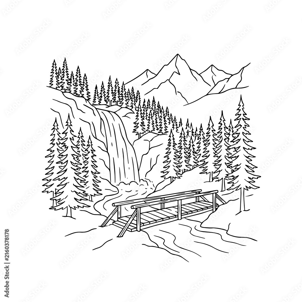 Fototapeta premium Black and white line of a scenic mountain landscape with a waterfall flowing into a river crossed by a wooden bridge near trees