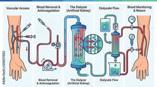 Kidney dialysis procedure diagram showing blood filtration process