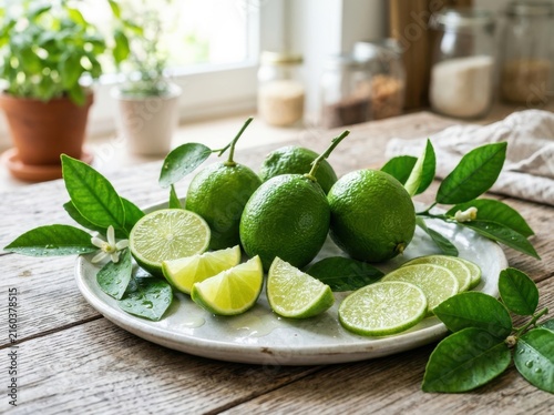 Fresh green limes with sliced pieces on ceramic plate placed on rustic wooden kitchen table.