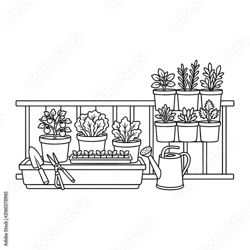 Urban balcony garden with potted plants herbs vegetables and gardening tools
