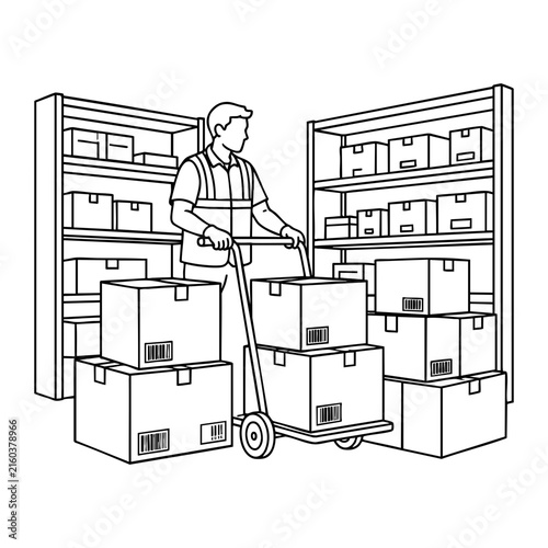 Warehouse worker moving boxes with a hand truck in a storage facility