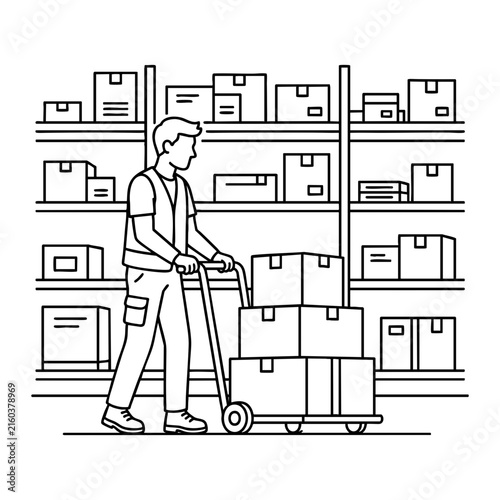 Warehouse worker moving packages on a hand truck in a storage facility with many boxes on shelves