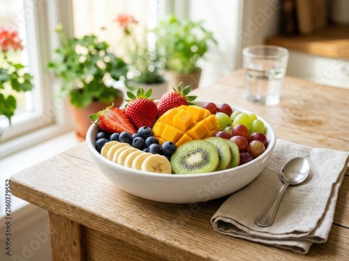 Bright breakfast bowl with sliced kiwi and mango pieces on wooden table near sunny window.
