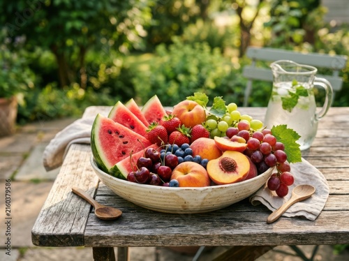 Fresh fruit platter with watermelon and berries on rustic outdoor table at summer sunset.