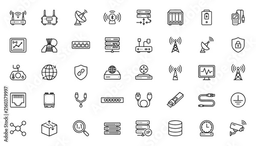 Computer Network and Telecom Infrastructure Line Icon Set featuring Routers, Servers, Cables, Antenna Towers, Cybersecurity Shields, and Data Storage Technology Elements