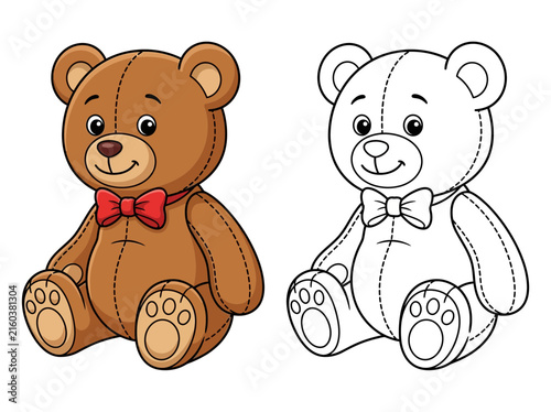 Cute cartoon teddy bear with a red bow tie in color and line art versions.