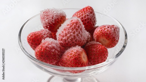 Fresh strawberries coated with sugar crystals displayed in a clear glass bowl on a white background, highlighting their vibrant red color and texture