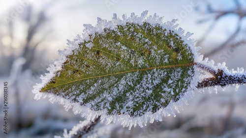 Frost-covered green leaf with intricate ice crystals clinging to its edges, captured in a winter landscape with blurred background of trees and soft light