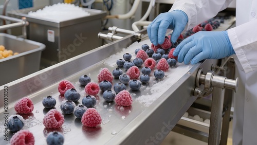 Worker in white lab coat and blue gloves inspects fresh raspberries and blueberries on a conveyor belt in a food processing facility with ice and equipment visible