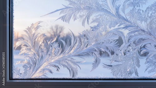 Frosted windowpane with intricate ice patterns and a soft winter sunrise illuminating the scene, creating a serene and tranquil atmosphere