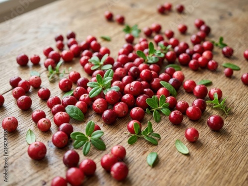Red cranberries and green leaves scattered on aged wooden surface in close up perspective.