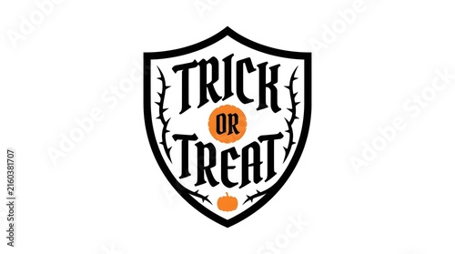 Vintage style trick or treat shield with spooky halloween design and orange accents