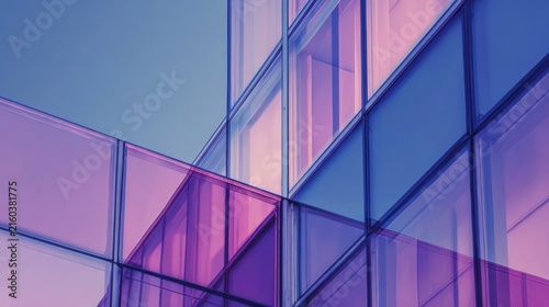 Beautiful modern architecture with vibrant purple and blue glass facades reflecting sunlight in an urban environment