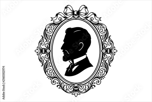 Classic Profile Portrait of a Gentleman in a Decorative Vintage Baroque Style Oval Frame Silhouette