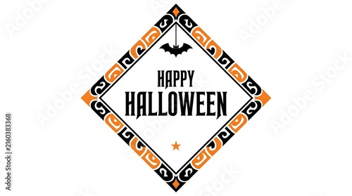 Vintage halloween diamond frame with bat and festive lettering isolated on white