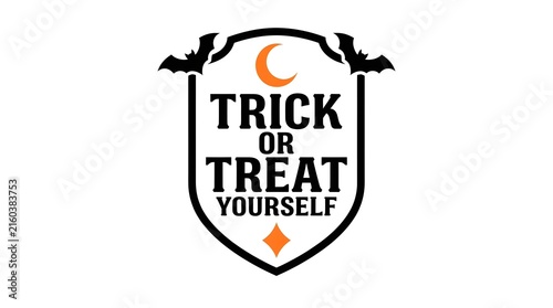 Vintage halloween shield with bats and crescent moon reading trick or treat yourself