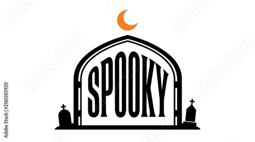 Vintage halloween design with spooky lettering arched over a graveyard scene and crescent moon