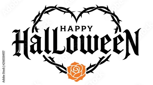 Happy halloween gothic lettering with heart shaped thorns and pumpkin illustration