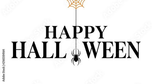 Happy halloween text with a small spider illustration on a white background
