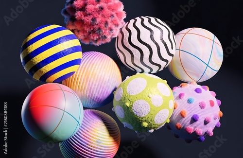 Colorful abstract spheres with various patterns and textures arranged creatively