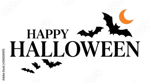 Happy halloween text with bats and crescent moon on a white background