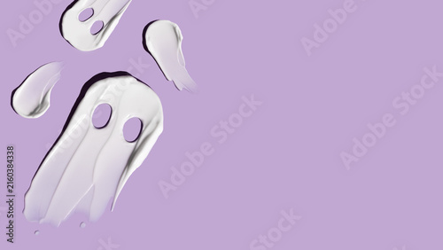 Halloween concept, ghosts in the form of cosmetic smears on a purple background. Moisturizing the skin in autumn. Ghost concept
