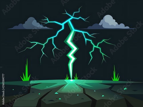 Electric lightning striking cracked ground during nighttime storm scene illustration