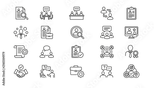 Foto Human resources and job recruitment line icon set with cv review team meeting pa