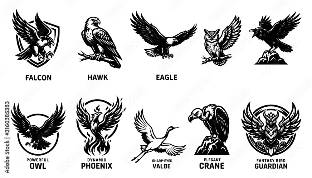 Naklejka premium Bird Emblems Set with Falcon, Hawk, Eagle, Owl, and Other Avian Designs