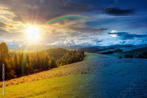 hillside of mountain range with coniferous forest and meadow. day meet night. sun and moon over spruce trees on the green grassy hill. Carpathian countryside on autumn equinox. astrology wallpaper