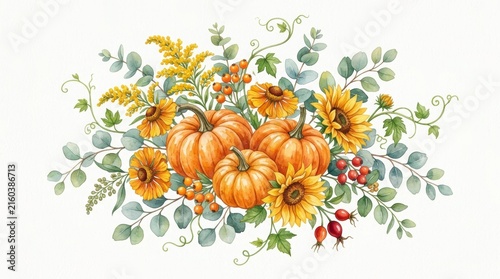 Autumn harvest arrangement with pumpkins, sunflowers, and eucalyptus isolated on white background
