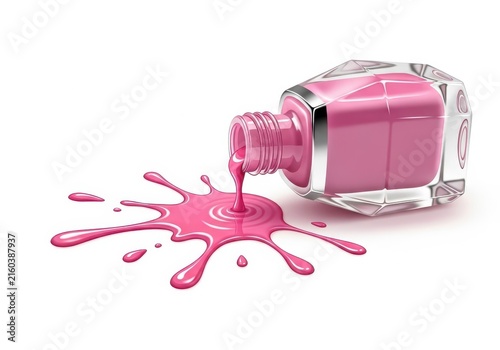 Pink Nail Polish Bottle Spilling Liquid On White Background For Beauty