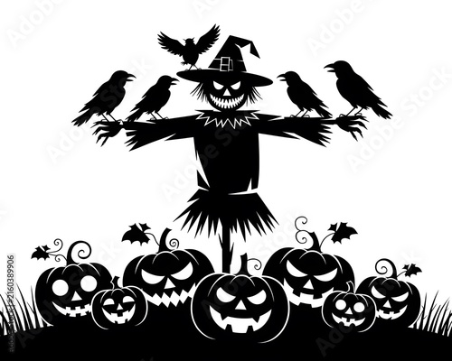 Halloween Pumpkin and Bats Vector Illustration with Spooky Cat, Ghost, Witch Hat, Spider and Autumn Night Silhouettes for October Holiday Celebration