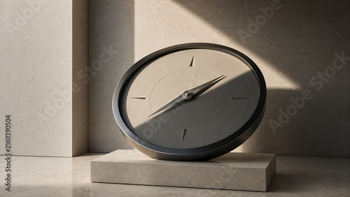 Modern round wall clock with dual tone face on a frosted terrazzo base terrazzo eclipsed minimalist pedestal interior accurate measurement chronograph contrast sculptural decorating
