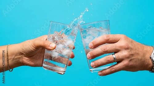 Two hands clinking glasses of water with ice cubes, creating a splash, isolated against a vibrant blue background, representing a toast or celebration