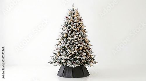 A beautifully decorated flocked christmas tree with warm lights, gold ornaments, and red berries, standing on a dark grey tree skirt, isolated on white background