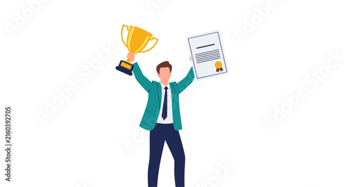Excited young businessman raising a golden trophy cup and a certified diploma to celebrate his career victory success.