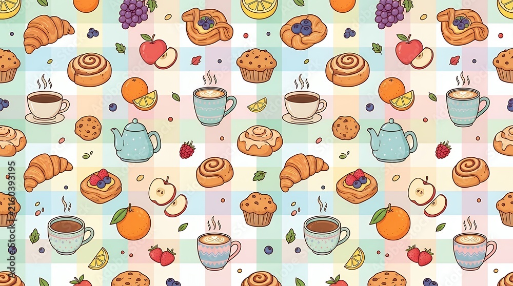 Cheerful Seamless Food Pattern Illustrating Fresh Pastries Hot Beverages and Ripe Fruits on Pastel Checkered Grid seamless pattern breakfast coffee croissant berry strawberry fruit pastry bakery food
